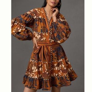 NEW NWT Anthropologie Farm Rio long sleeve V neck button down belt dress size S